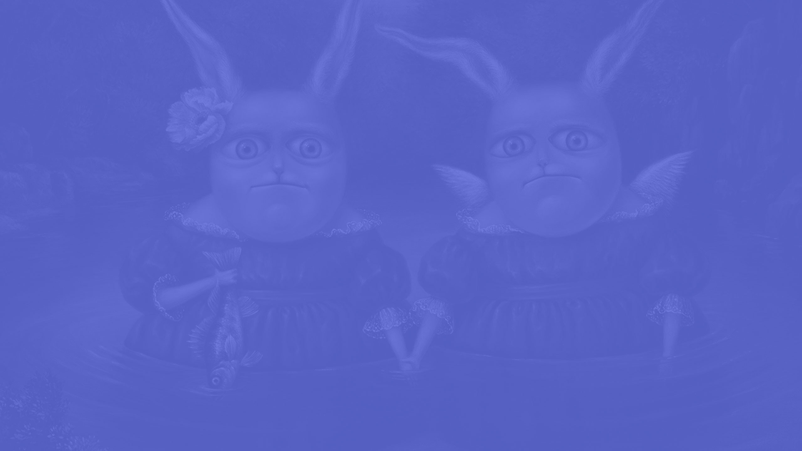 a purple background with a couple of rabbits in dresses
